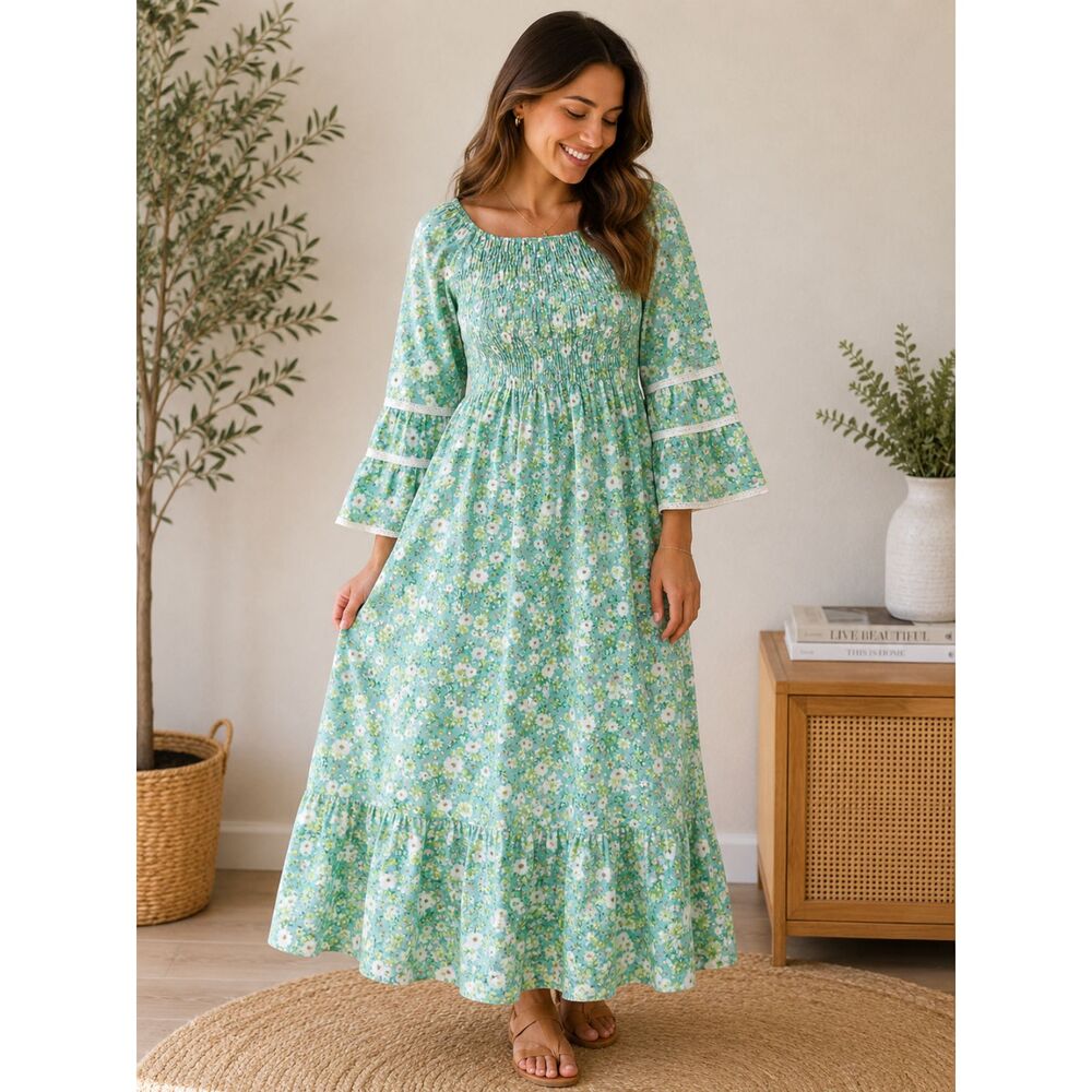 Vintage Prairie Cottagecore Boho Festival Boho Bell Sleeves Maxi Dress